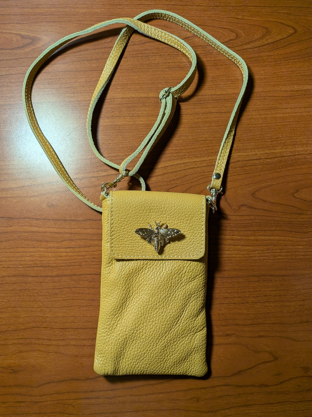 Yellow Leather Crossbody Phone Pouch with Gold Bee Accent